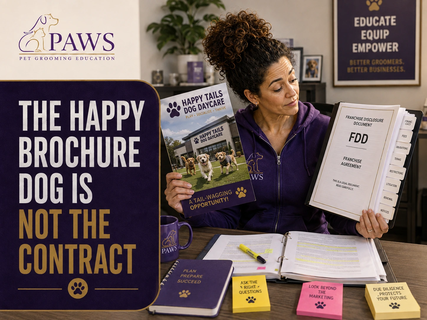 PAWS Lady holds a cheerful franchise brochure in one hand and the franchise disclosure document in the other to contrast marketing imagery with the legal document that governs the deal.