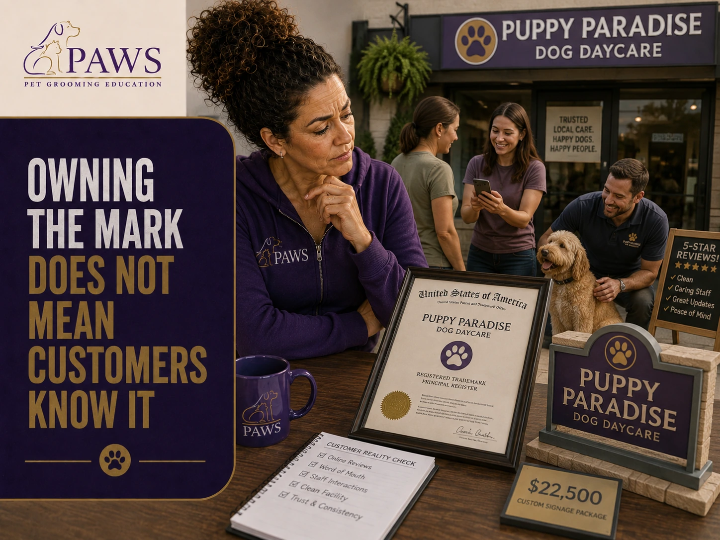 PAWS Lady studies a trademark certificate and costly Puppy Paradise Dog Daycare sign package while dog owners in the background rely on reviews, recommendations, and trust to choose a daycare.