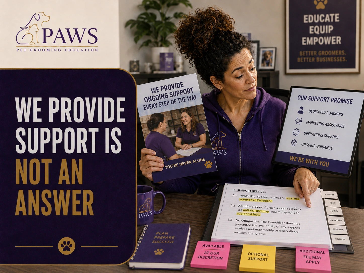 PAWS Lady holds a support brochure and a support-promise screen while pointing to contract language showing that support may be optional, discretionary, or carry additional fees.