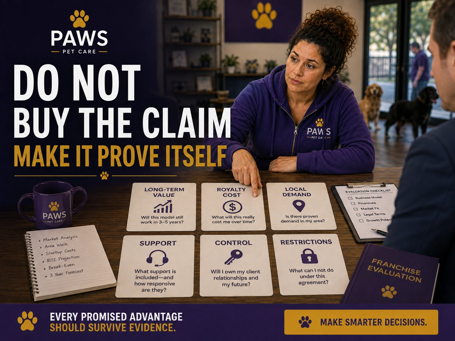 PAWS Lady sits at a table with a prospective buyer and points to cards labeled long-term value, royalty cost, local demand, support, control, and restrictions beneath the overlay text “Do Not Buy the Claim—Make It Prove Itself.”