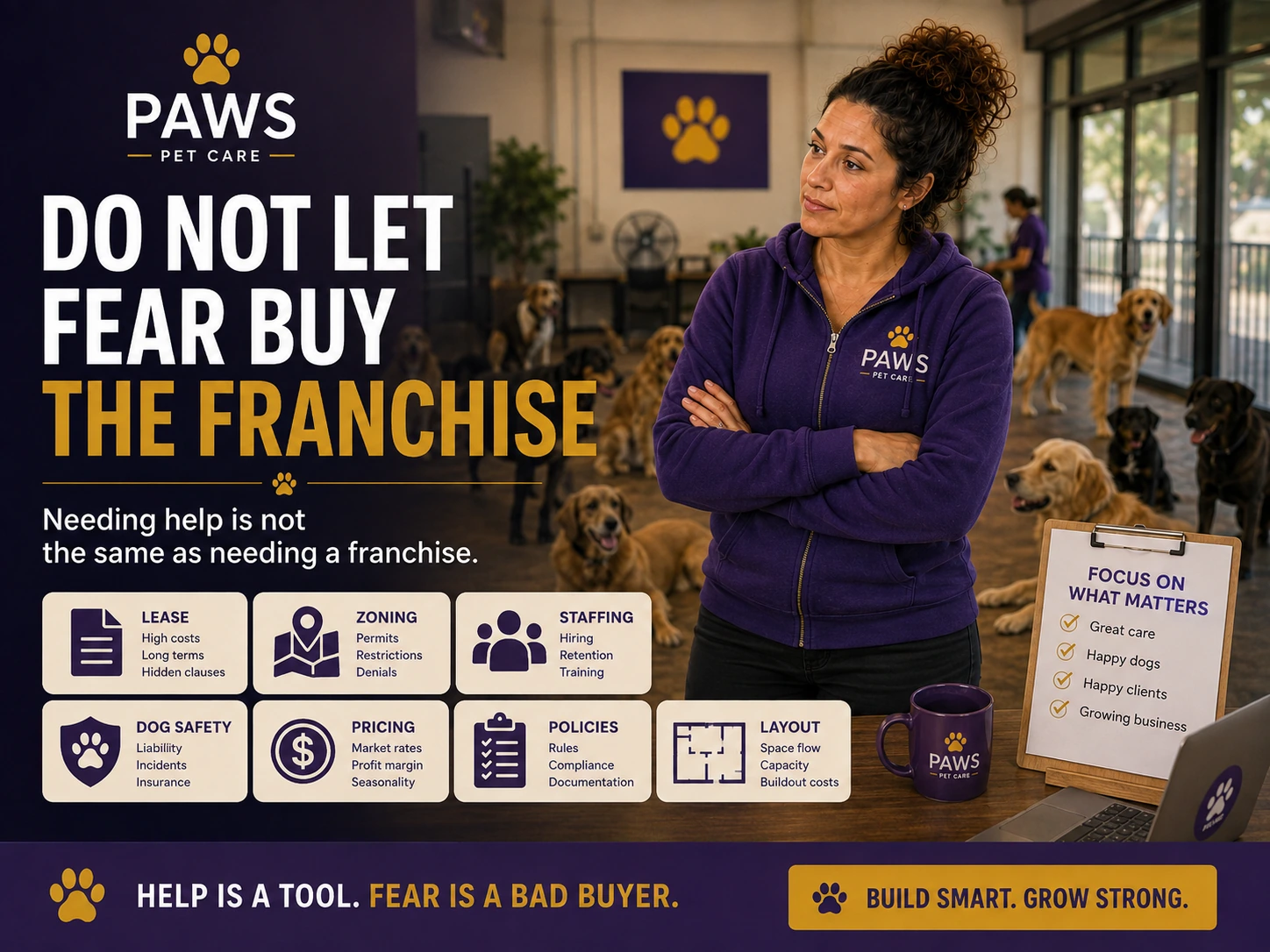 PAWS Lady stands in a dog daycare with arms folded while boxed icons list lease, dog safety, zoning, staffing, pricing, policies, and layout under the headline “Do Not Let Fear Buy the Franchise.”