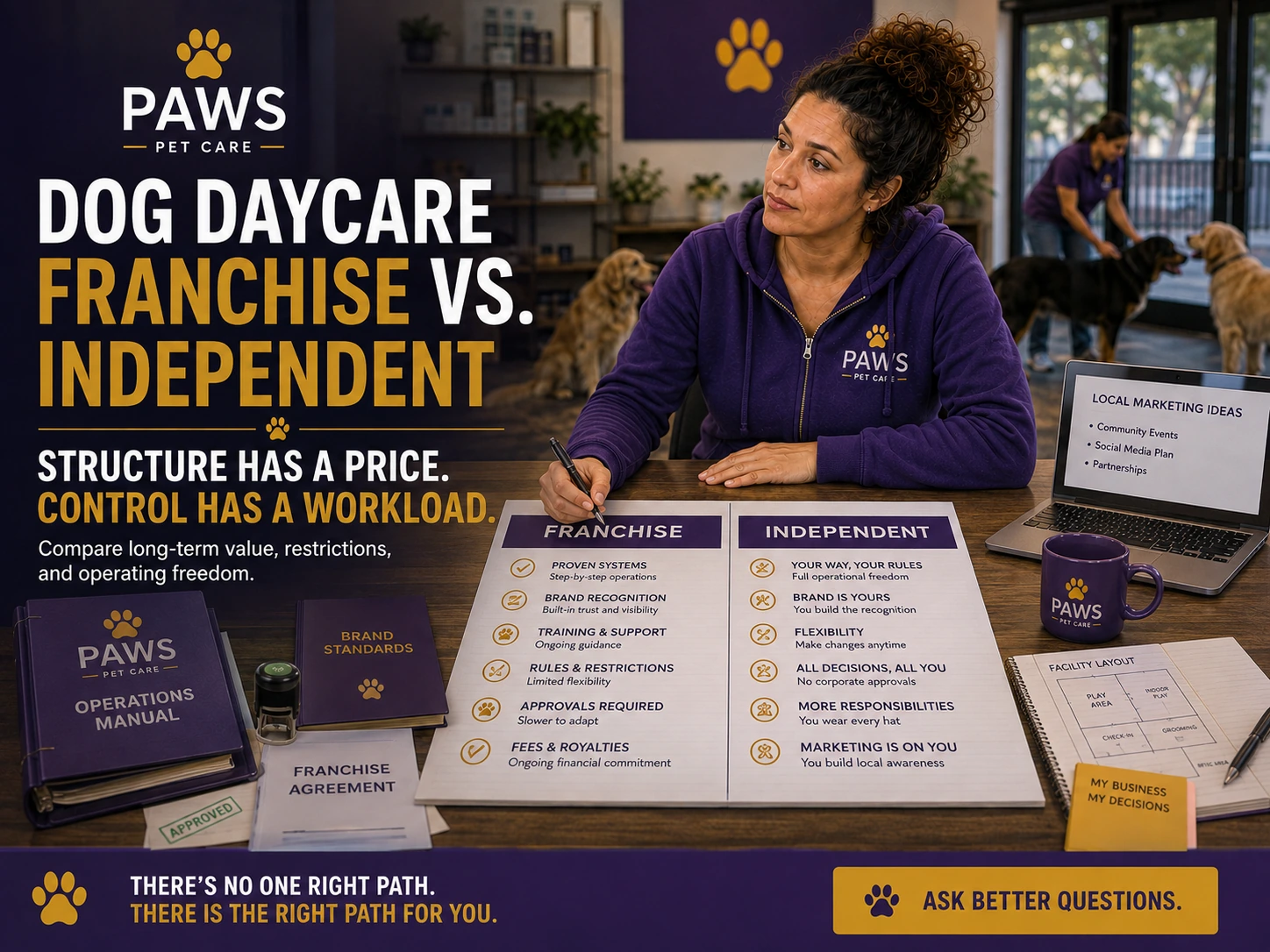 PAWS Lady compares two side-by-side boards labeled franchise and independent, with manuals, agreement papers, and local marketing notes on the desk under the headline “Dog Daycare Franchise vs. Independent.”