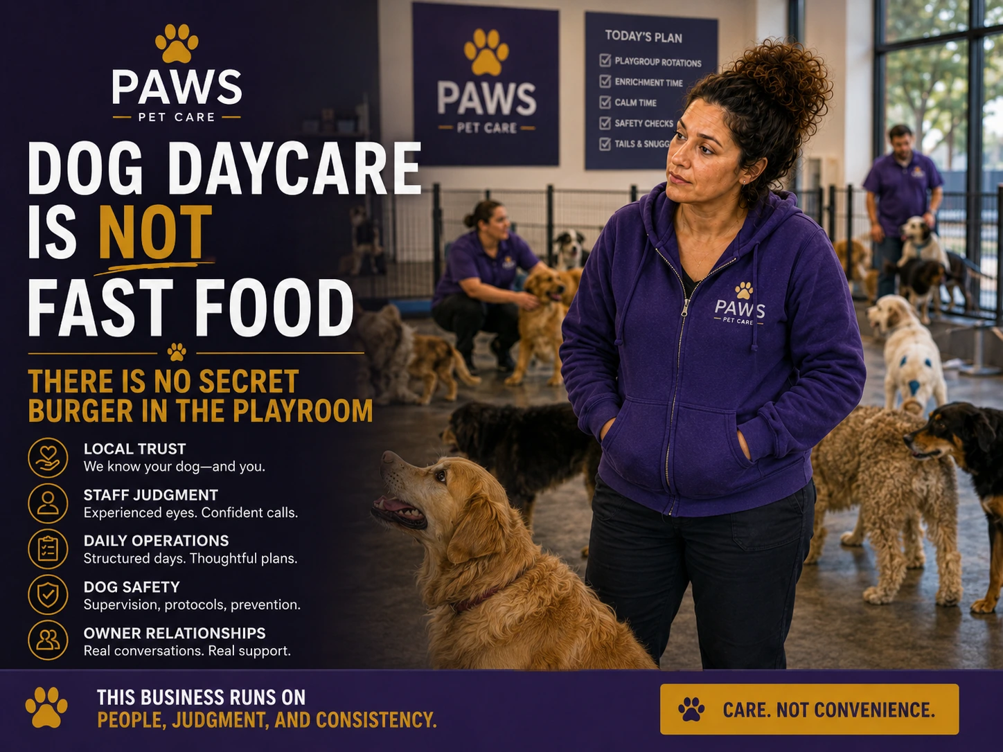 PAWS Lady stands in a busy dog daycare playroom surrounded by dogs and staff beneath the overlay text “Dog Daycare Is Not Fast Food.”