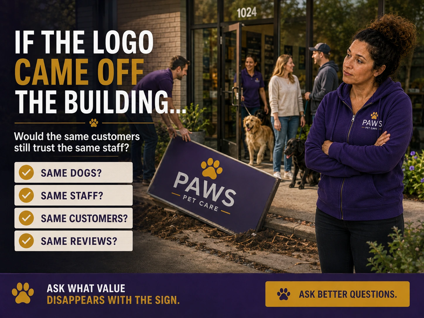 Outside a pet care building, a large PAWS sign has been removed and set on the ground while staff, dogs, and clients continue interacting behind it, beside overlay text asking whether the same staff, customers, and reviews would remain.