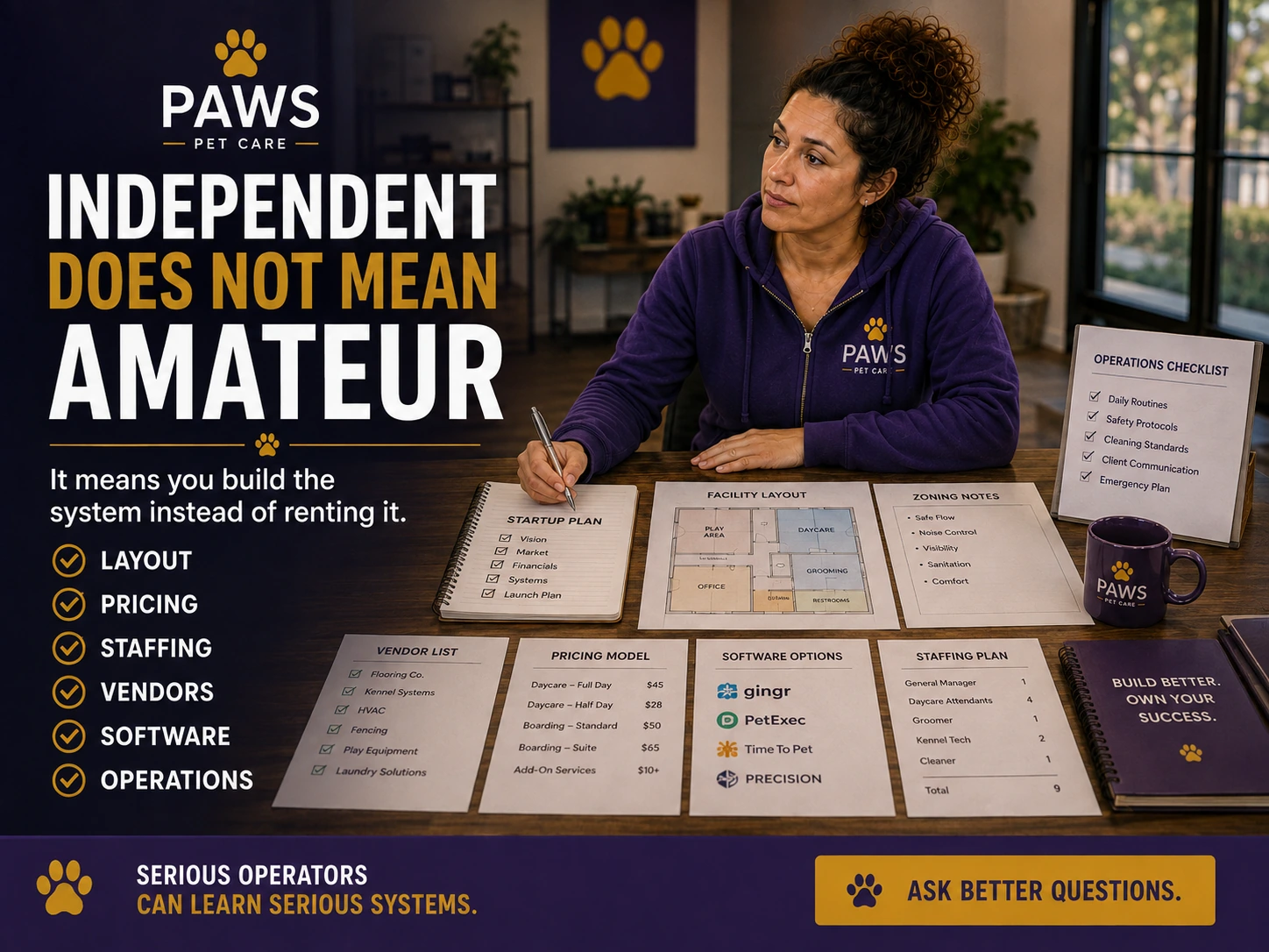 PAWS Lady works at a desk covered with startup planning sheets, vendor lists, pricing models, software options, and staffing plans beneath the overlay text “Independent Does Not Mean Amateur.”