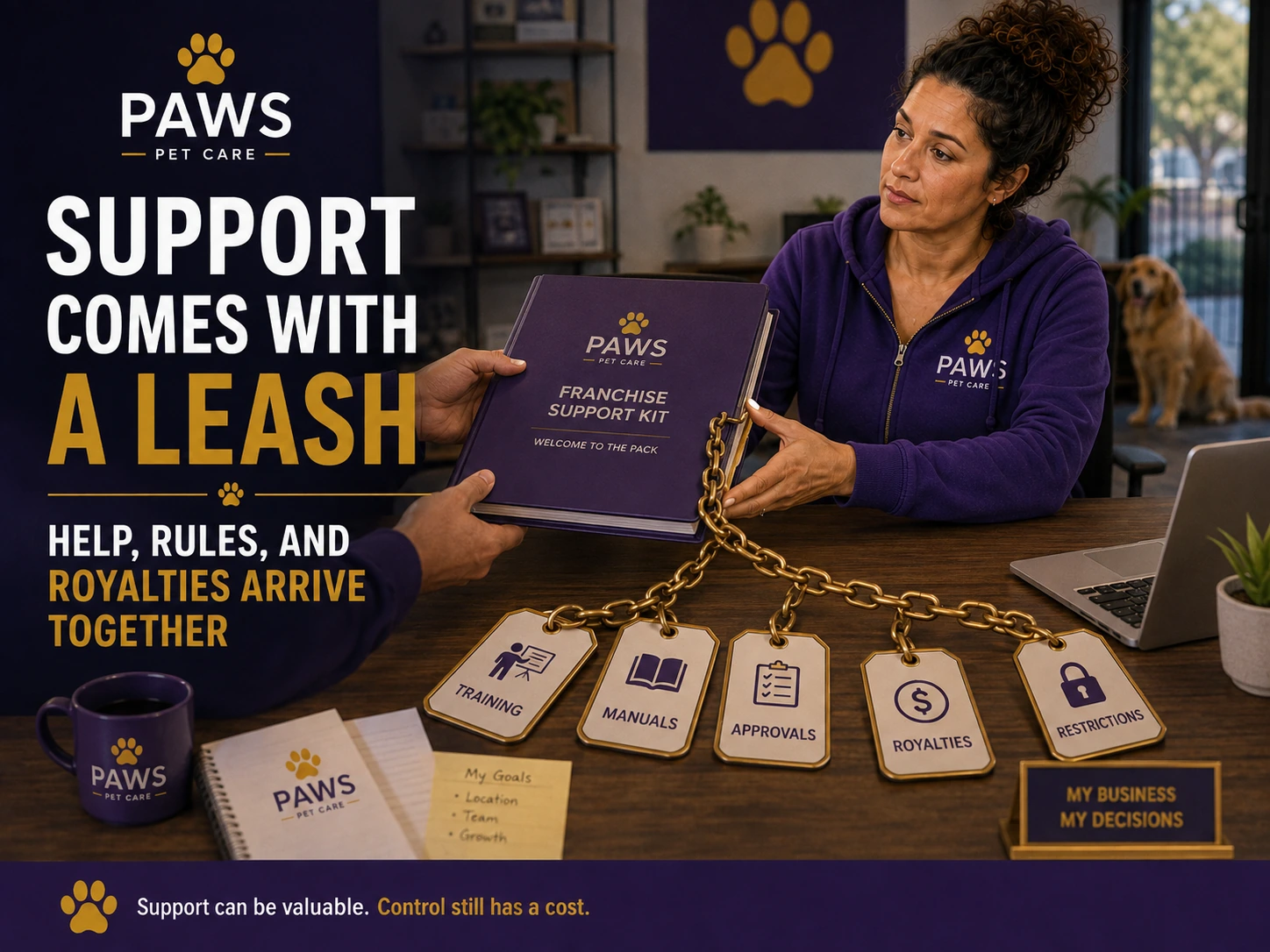 PAWS Lady receives a franchise support kit chained to tags labeled training, manuals, approvals, royalties, and restrictions under the headline “Support Comes With a Leash.”