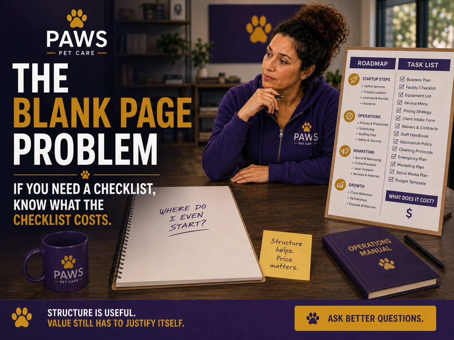 PAWS Lady sits at a desk with a blank notebook, a checklist board, an operations manual, and startup notes under the overlay text “The Blank Page Problem.”