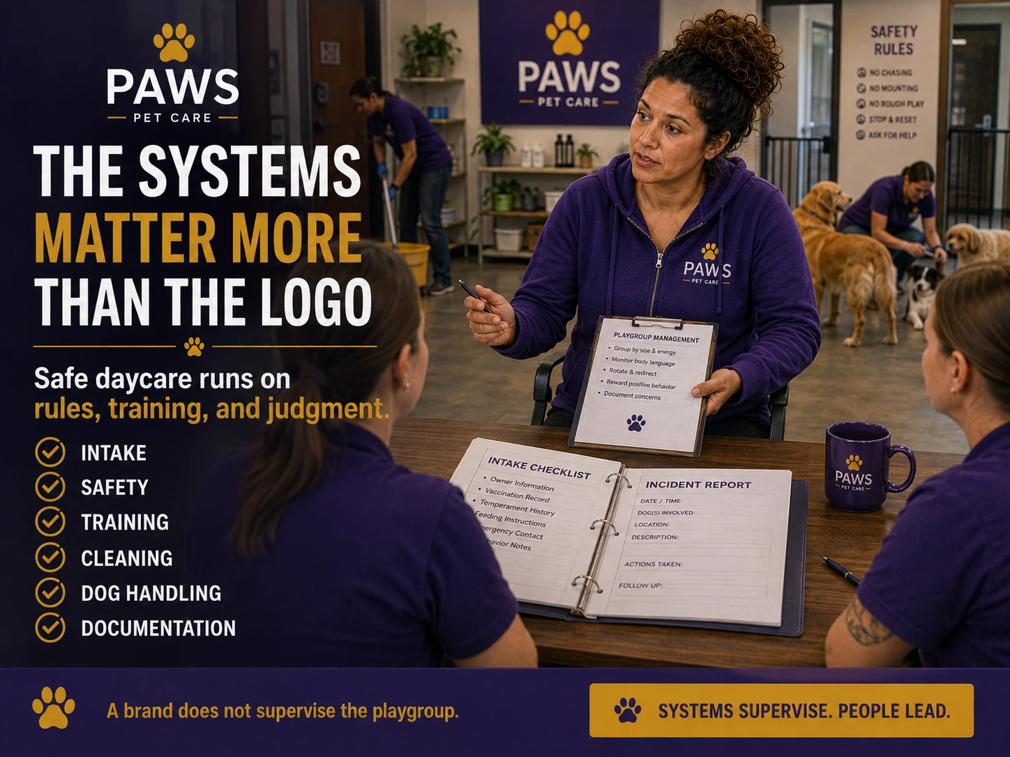 PAWS Lady leads a staff meeting on playgroup management with intake and incident documents on the table under overlay text reading “The Systems Matter More Than the Logo.”
