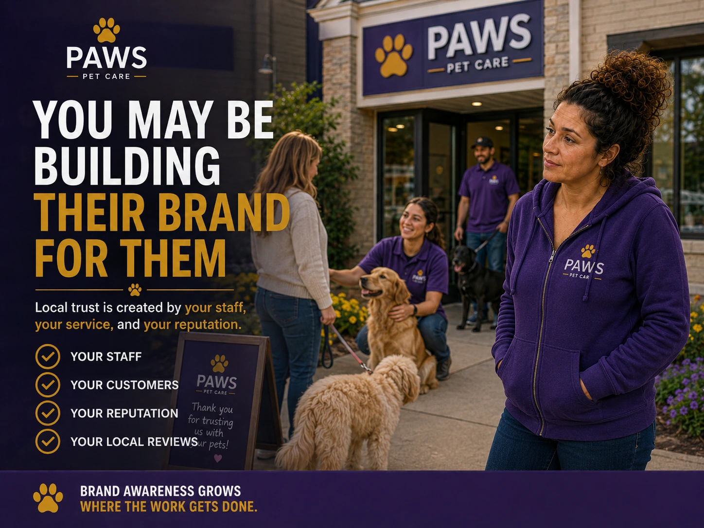 Outside a PAWS Pet Care storefront, PAWS Lady stands thoughtfully while staff interact with clients and dogs beneath overlay text saying “You May Be Building Their Brand for Them.”