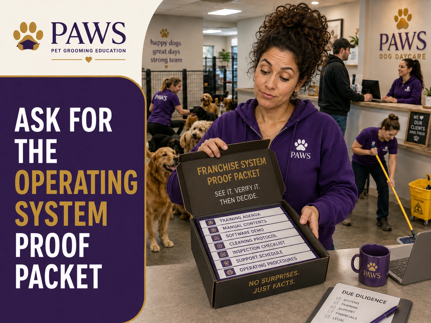 PAWS Lady opens a box labeled as a franchise system proof packet containing materials such as training agendas, manual contents, software demonstrations, inspection checklists, support schedules, and operating procedures.