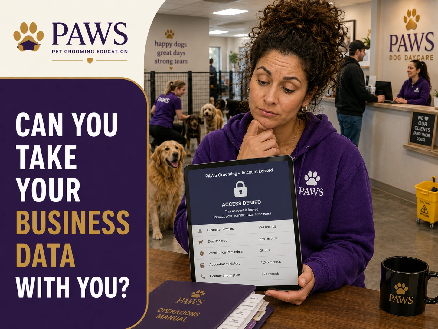 PAWS Lady displays a tablet showing an account locked message and inaccessible customer and dog records, raising the issue of whether an owner can retain access to business data.