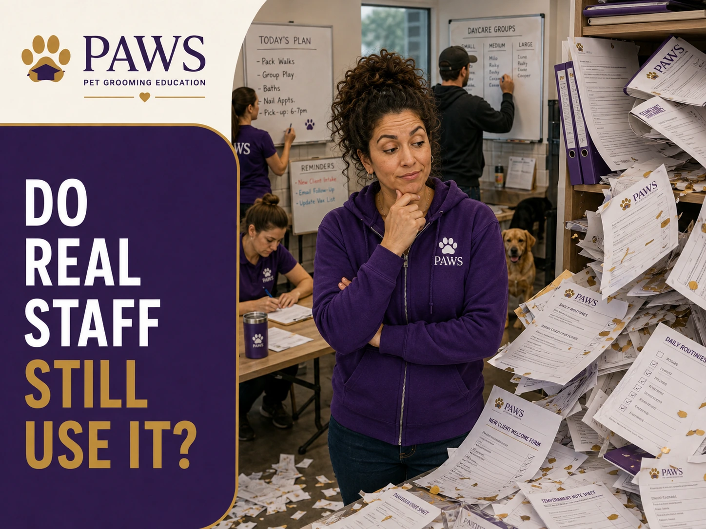 PAWS Lady stands in a busy dog daycare office while staff members write schedules and handle routine tasks, with piles of paperwork surrounding the workspace to question whether a documented system is still actively used by real employees.
