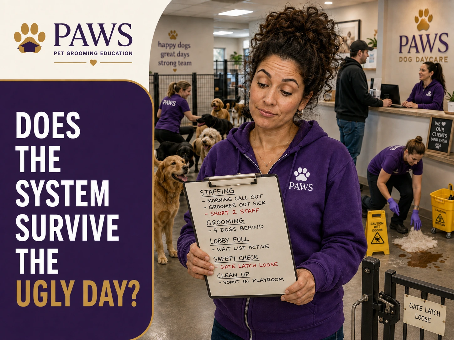 PAWS Lady holds a clipboard listing staffing shortages, a grooming backlog, safety issues, and cleanup problems inside a busy daycare, asking whether the operating system still works when a difficult day hits.