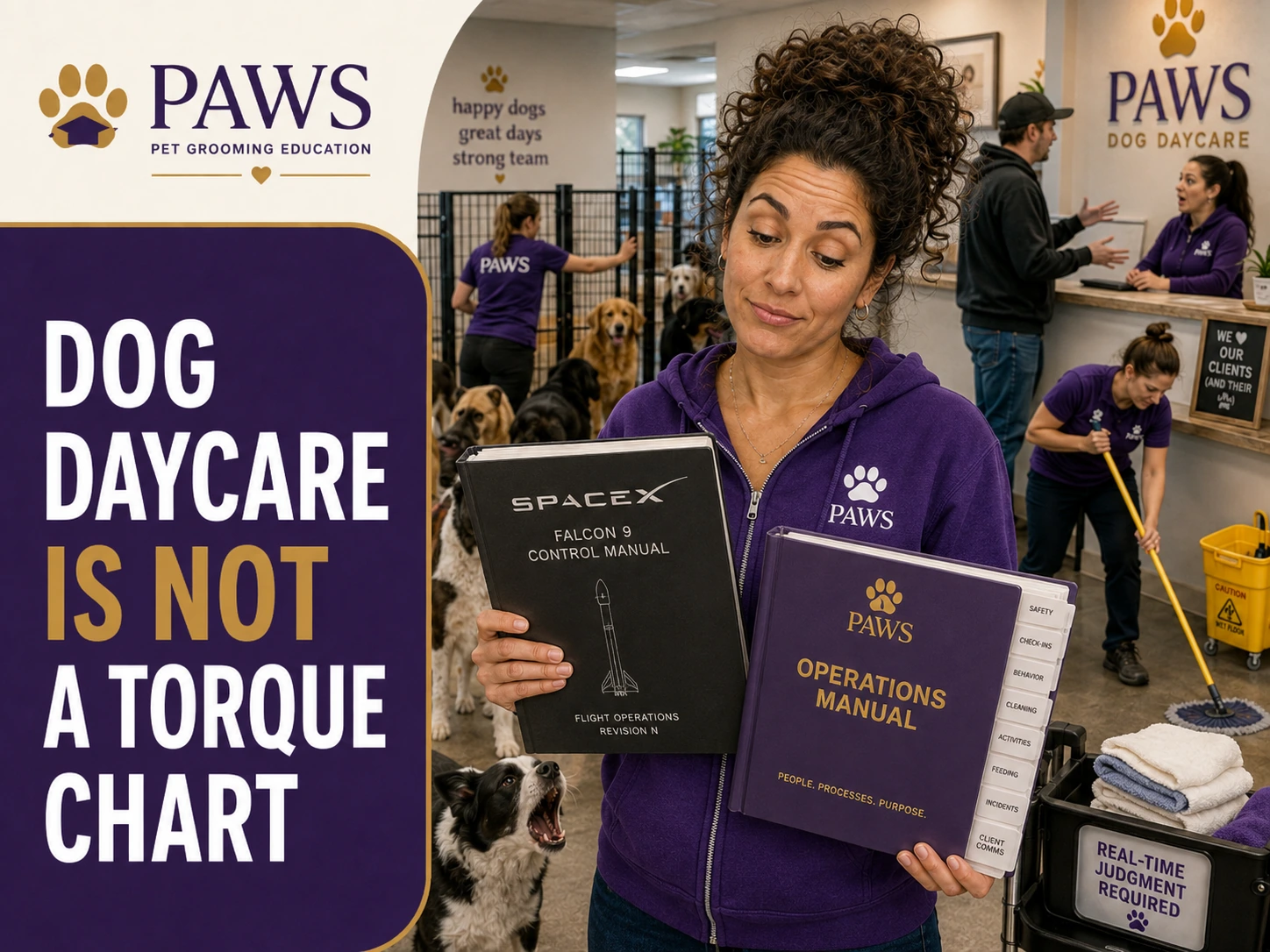 PAWS Lady compares a practical daycare operations manual to an unrelated technical control manual in a working dog daycare, emphasizing that dog daycare operations require judgment and people skills rather than rigid technical formulas.
