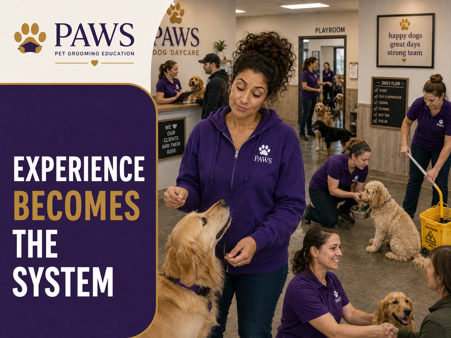 PAWS Lady stands inside an active dog daycare while staff members supervise dogs, clean, greet clients, and handle care routines, illustrating that a workable system is built from real operational experience.