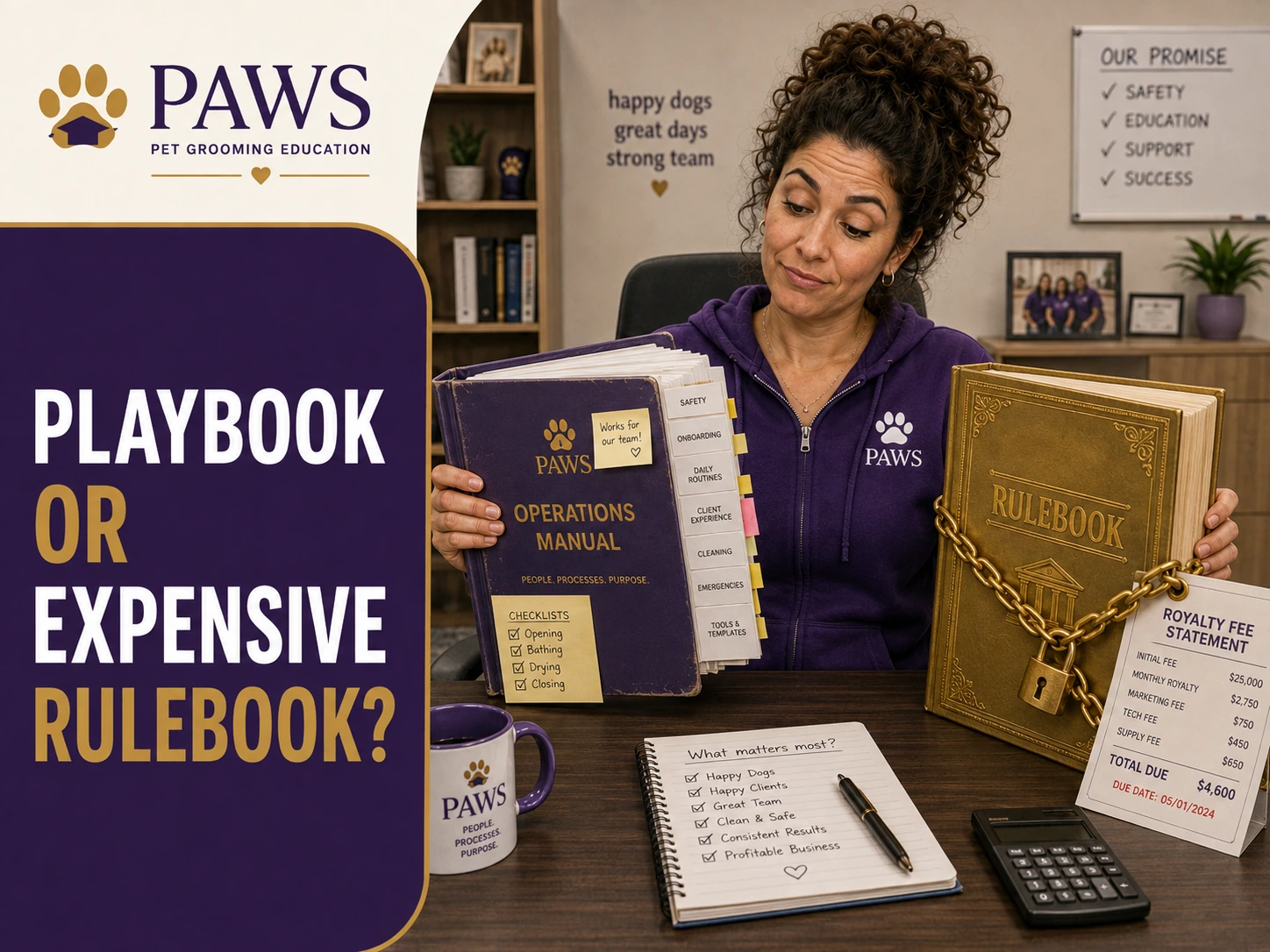 PAWS Lady compares a practical operations manual to a chained rulebook beside a royalty fee statement, asking whether the system functions as a useful playbook or merely an expensive set of rules.