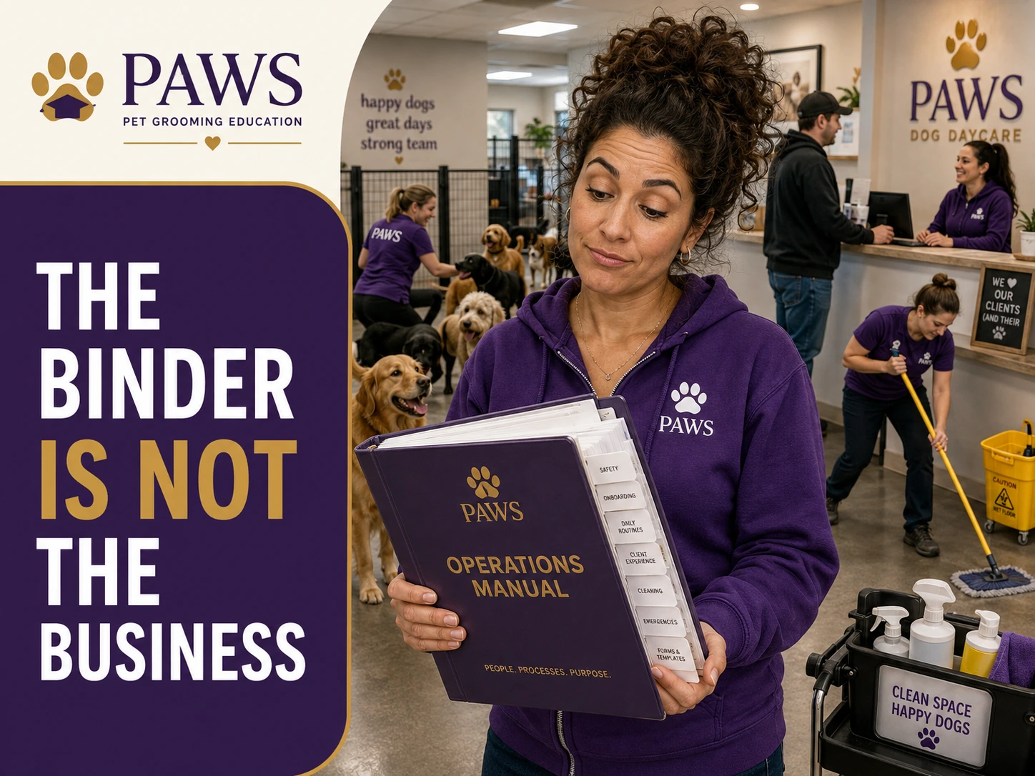 PAWS Lady holds a large operations manual inside a functioning dog daycare, showing that a binder alone is not the same thing as a business that works in practice.