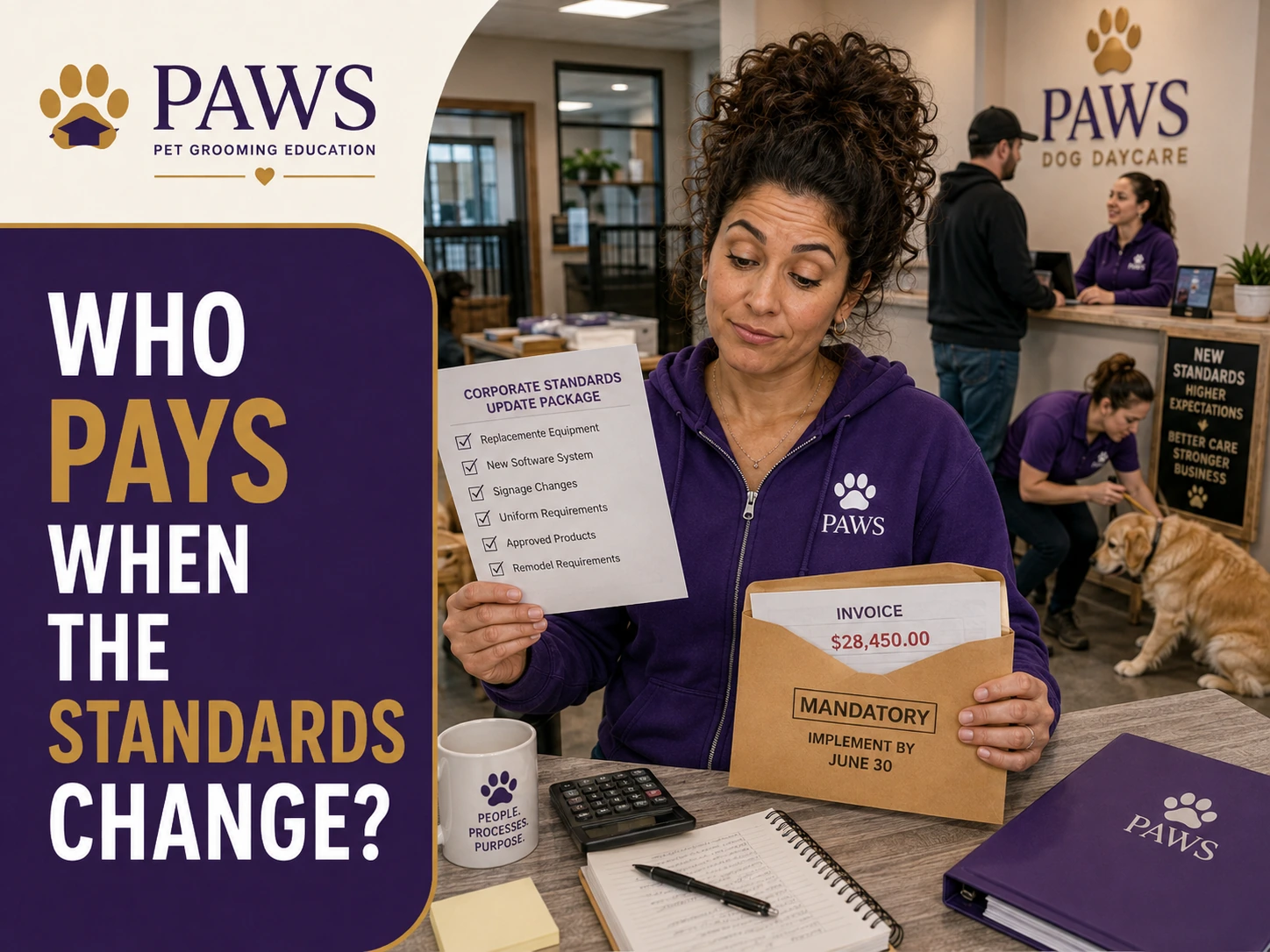 PAWS Lady reviews a corporate standards update sheet and an invoice for mandatory changes, illustrating the cost of required system updates imposed on a dog daycare business.