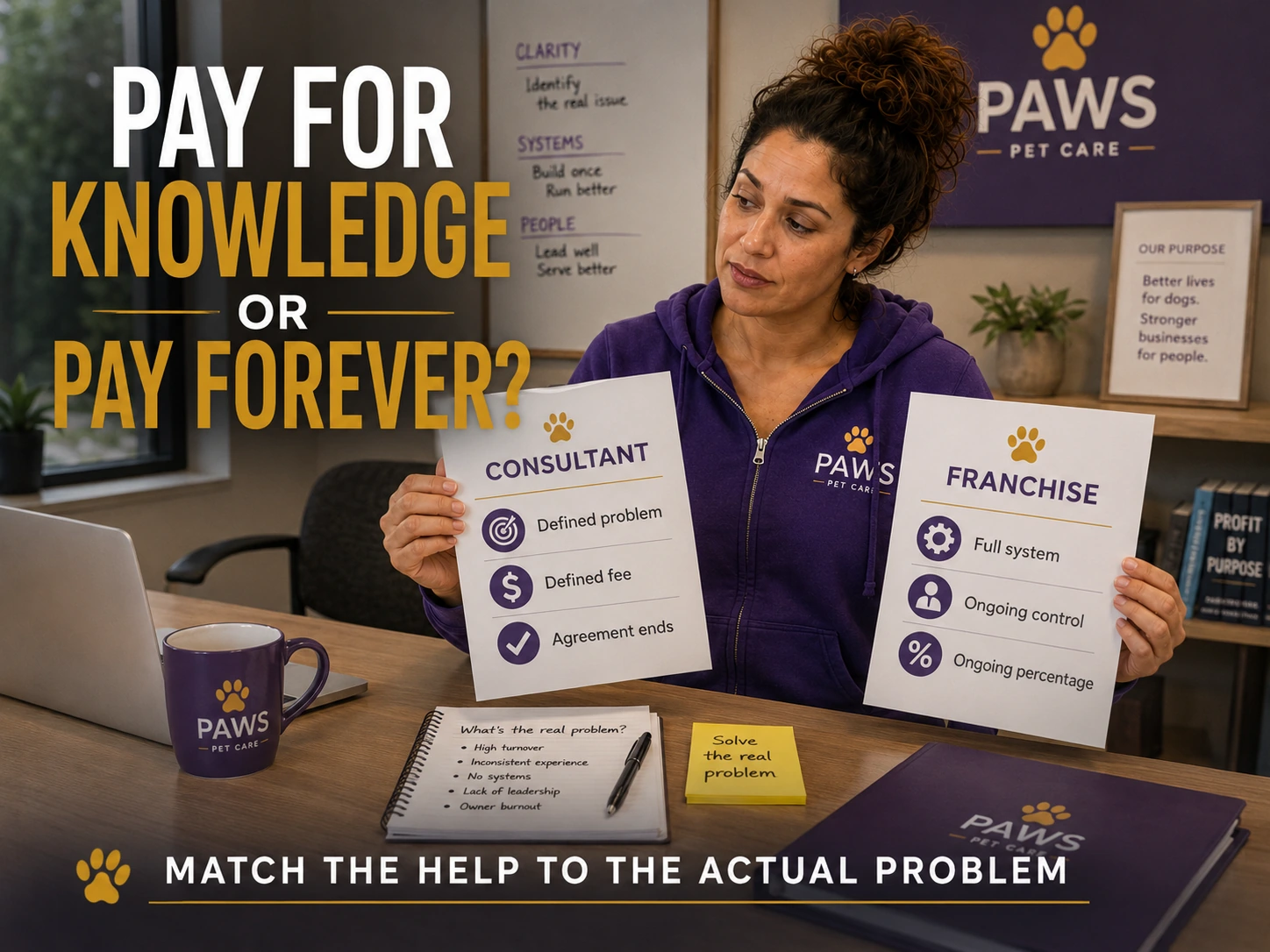 PAWS Lady holds two boards labeled Consultant and Franchise while overlay text asks whether it is better to pay for knowledge once or pay forever.