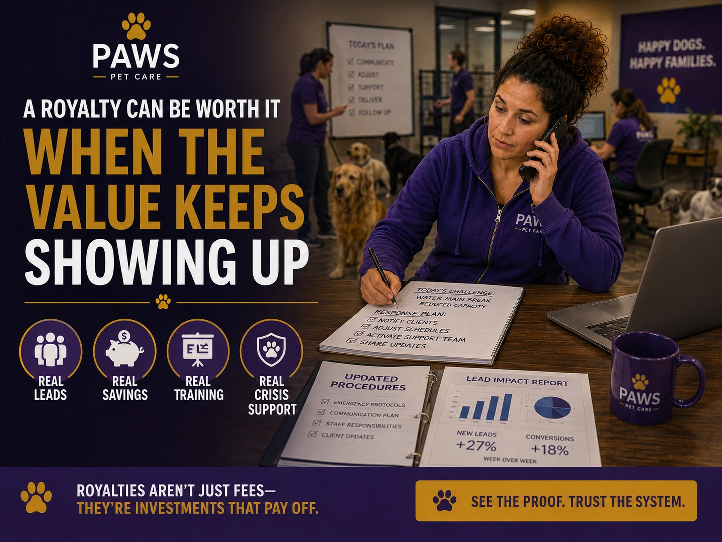 PAWS Lady speaks on the phone and takes notes while graphics highlight real leads, real savings, real training, and real crisis support.