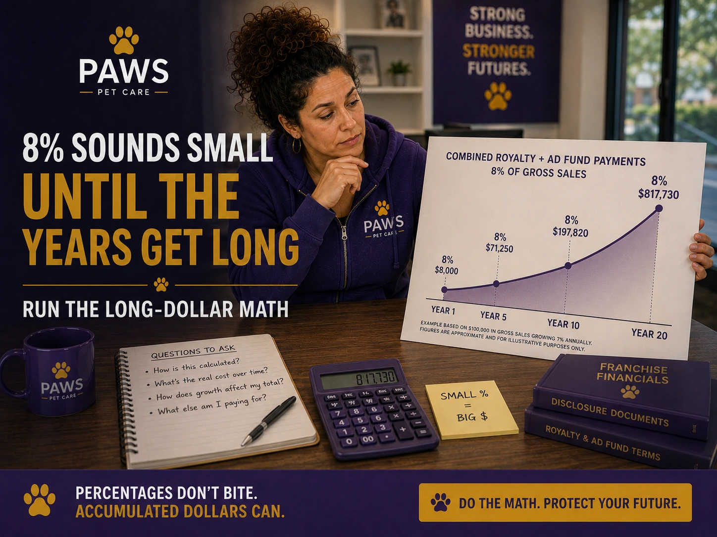 PAWS Lady studies a chart showing how 8 percent royalty and ad-fund payments rise dramatically from year 1 to year 20.