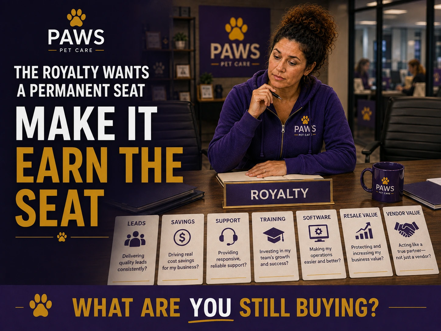 PAWS Lady sits behind a desk with a royalty nameplate and cards asking whether the royalty is producing leads, savings, support, training, software value, resale value, and vendor value.