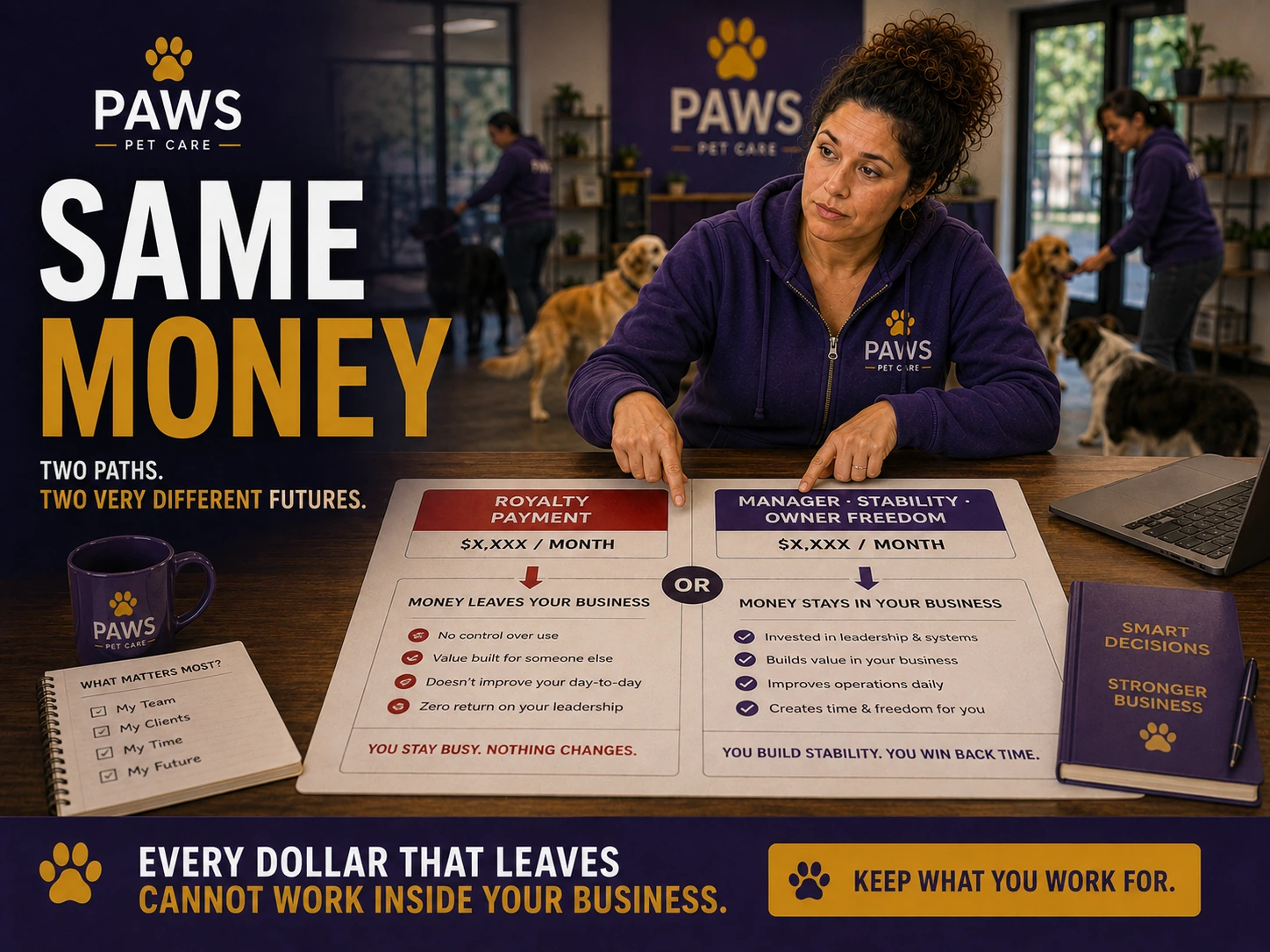 PAWS Lady points to a side-by-side comparison showing royalty payments leaving the business versus the same money staying in the business to fund management stability and owner freedom.