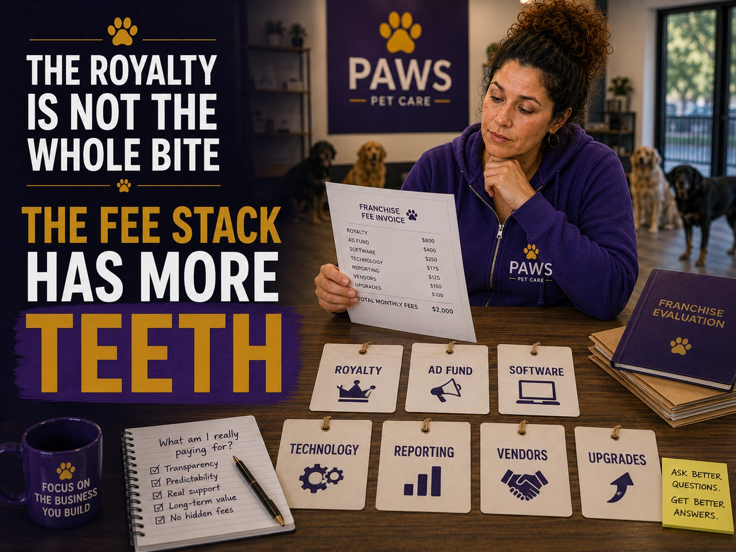 PAWS Lady reviews a franchise fee invoice while labeled tags on the desk identify royalty, ad fund, software, technology, reporting, vendors, and upgrades.