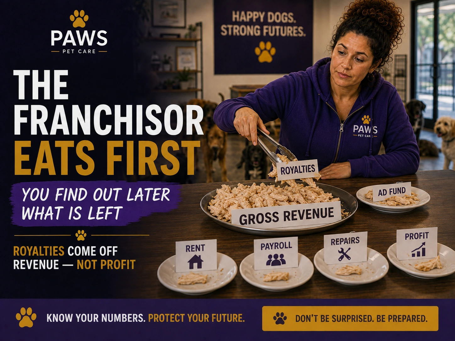 PAWS Lady uses tongs to remove a portion labeled royalties from a platter labeled gross revenue while smaller plates for rent, payroll, repairs, ad fund, and profit sit nearby.