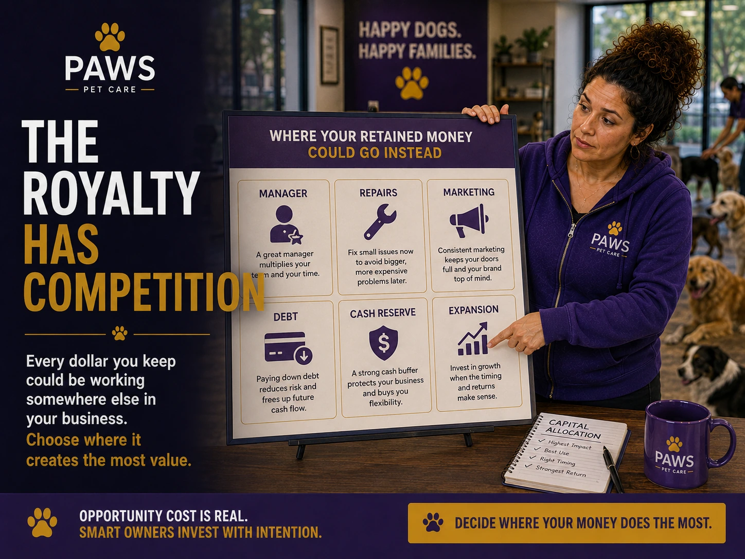 PAWS Lady presents a board showing other uses for retained money, including a manager, repairs, marketing, debt reduction, cash reserves, and expansion.