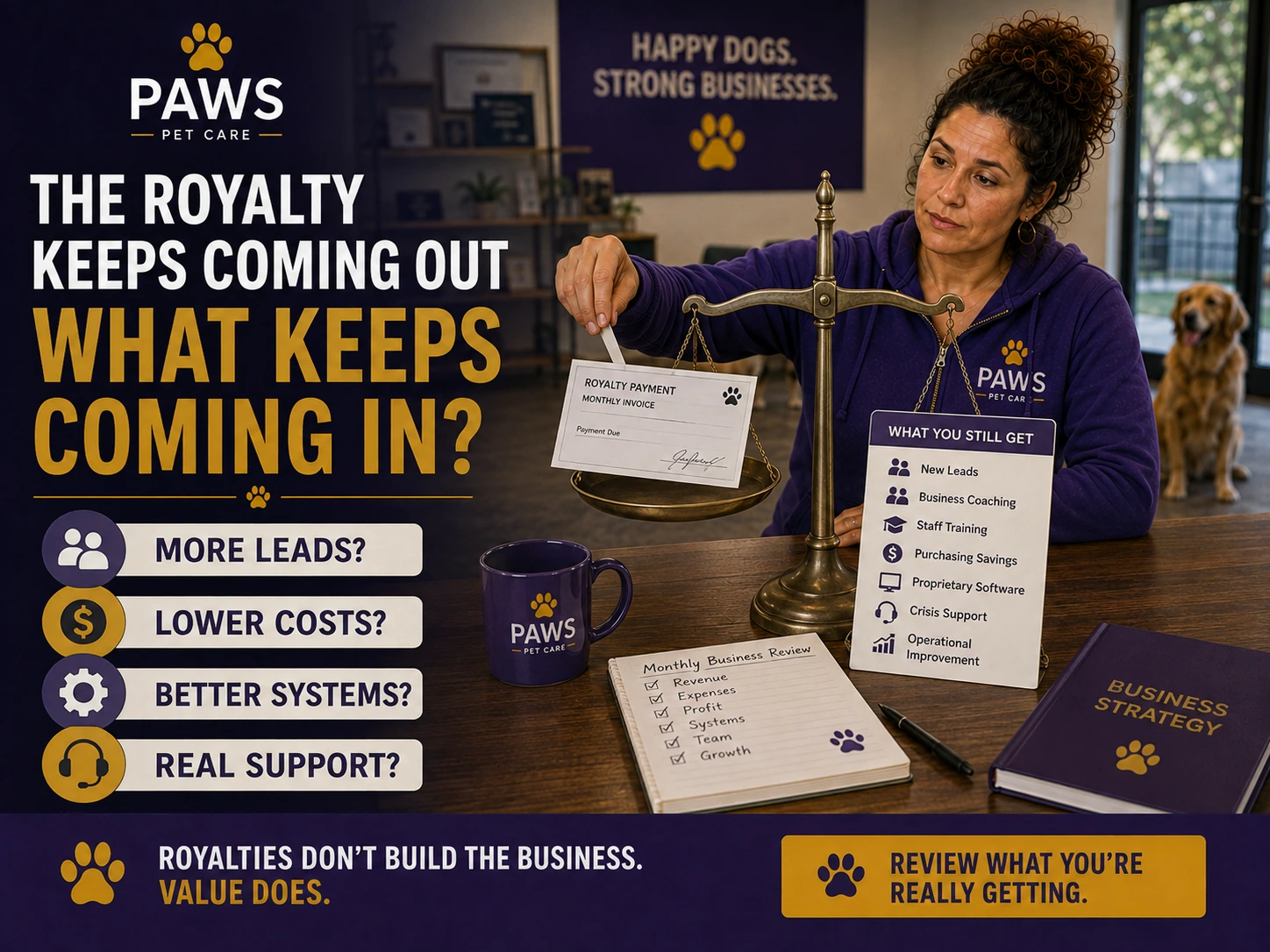 PAWS Lady places a royalty payment invoice on one side of a balance scale while a sign on the other side lists the ongoing value she still receives.