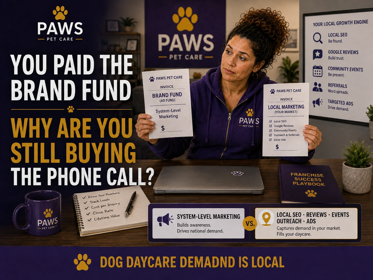 PAWS Lady holds two invoices for a brand fund and local marketing while a board behind her lists local SEO, reviews, events, referrals, and targeted ads.