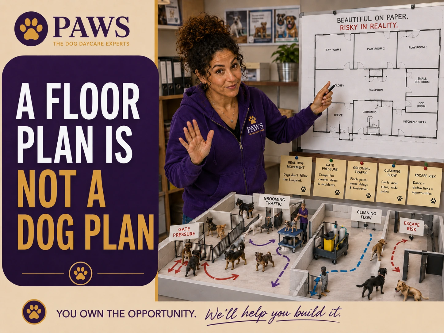 PAWS Lady points to a neat daycare floor plan while a physical model below highlights real dog movement, gate pressure, grooming traffic, cleaning flow, and escape risk.