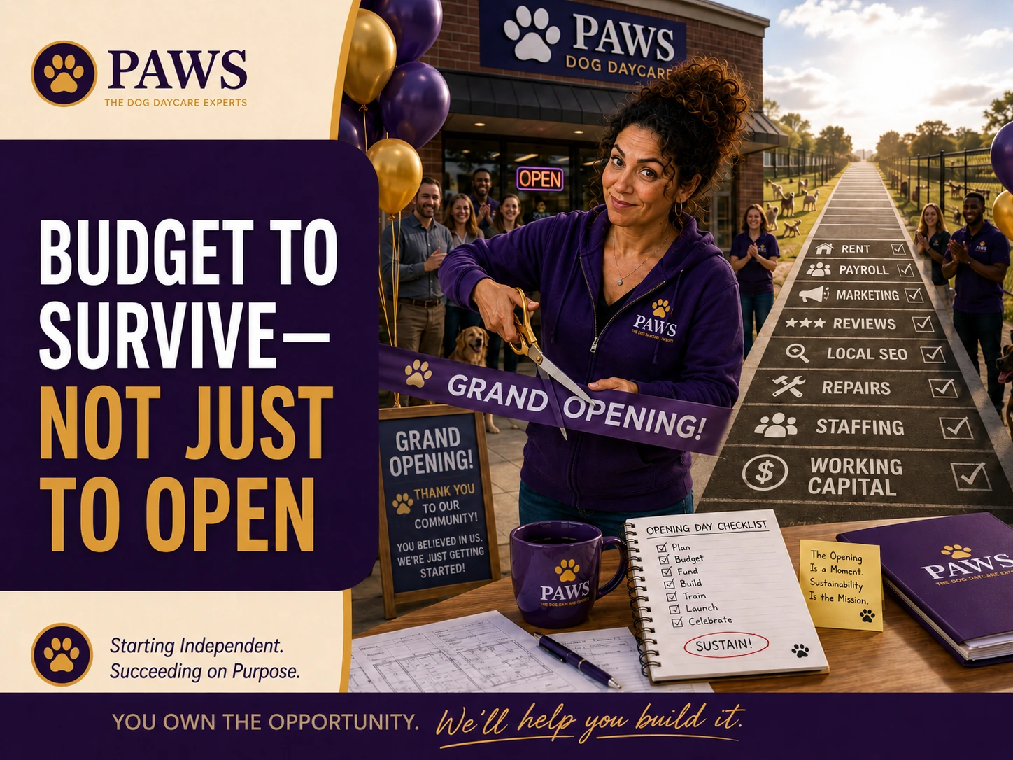 PAWS Lady cuts a grand-opening ribbon outside a dog daycare while a long checklist runway behind her highlights rent, payroll, marketing, reviews, local SEO, repairs, staffing, and working capital.
