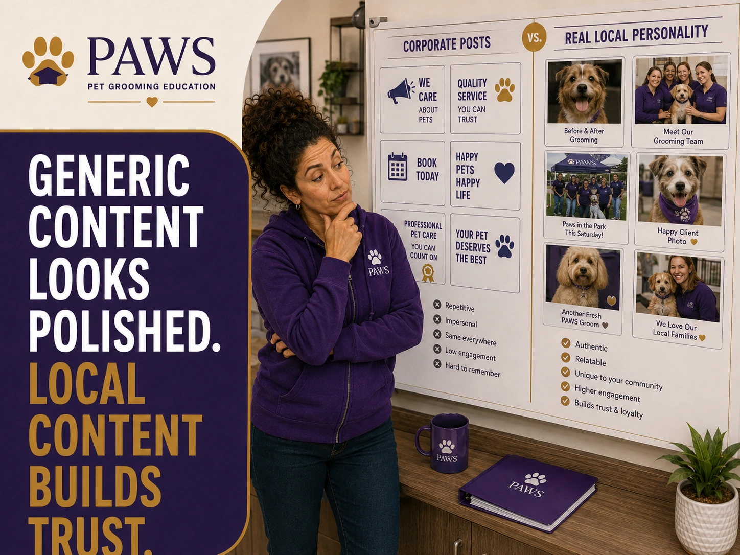 PAWS Lady compares a display of generic corporate social posts with a board of real local photos and community-specific content.