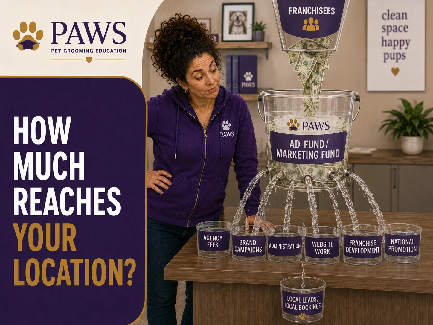 PAWS Lady studies a clear tank labeled ad fund and marketing fund as money pours in from franchisees and flows out into agency fees, brand campaigns, administration, website work, franchise development, and national promotion, leaving a smaller container for local leads and bookings.
