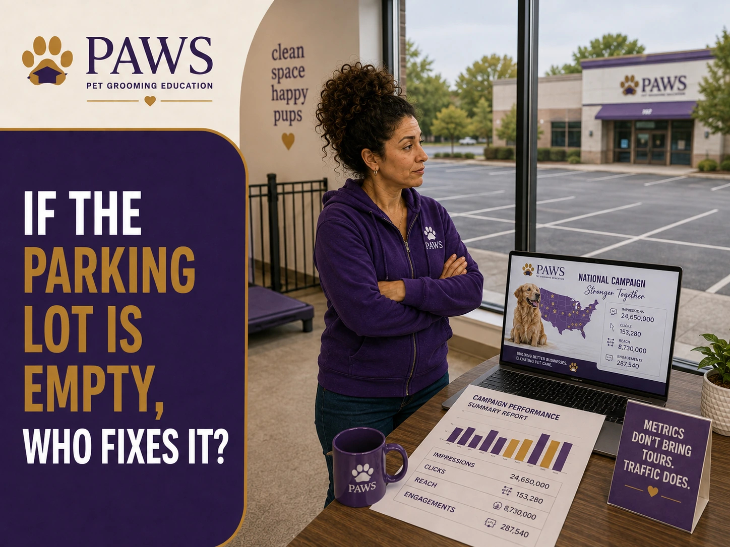 PAWS Lady looks out at an empty parking lot while a laptop displays national campaign metrics, questioning whether broad visibility solves local traffic problems.