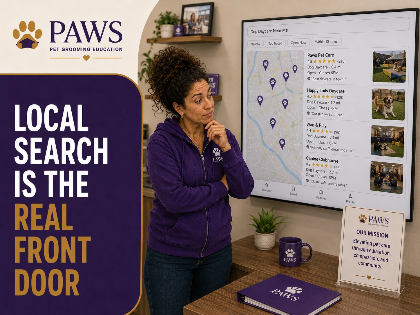 PAWS Lady stands beside a large screen showing local dog daycare search results and a map, emphasizing that map listings and search visibility drive discovery.