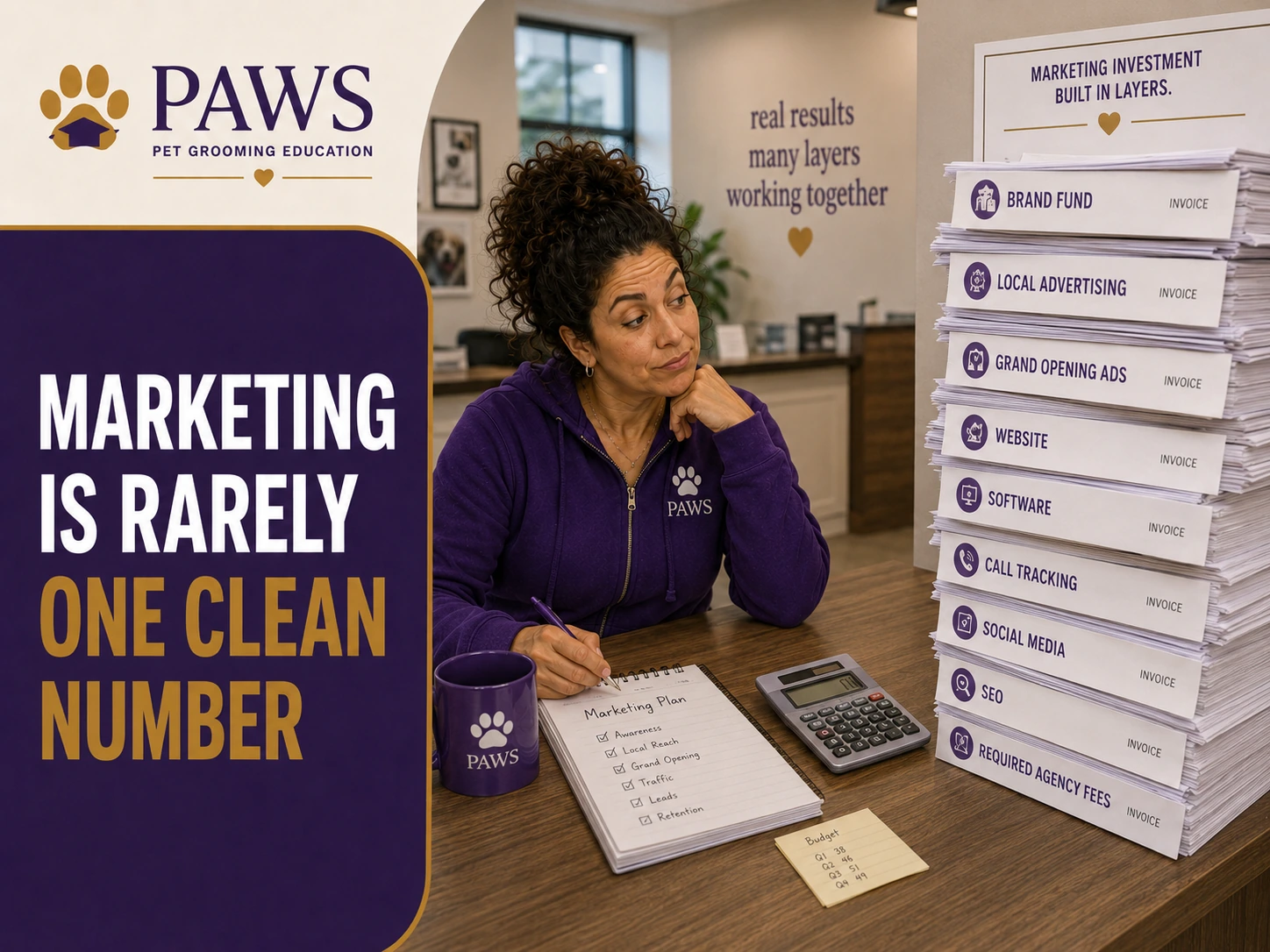 PAWS Lady sits at a desk studying a marketing plan and calculator beside a tall stack of invoices labeled brand fund, local advertising, grand opening ads, website, software, call tracking, social media, SEO, and required agency fees.