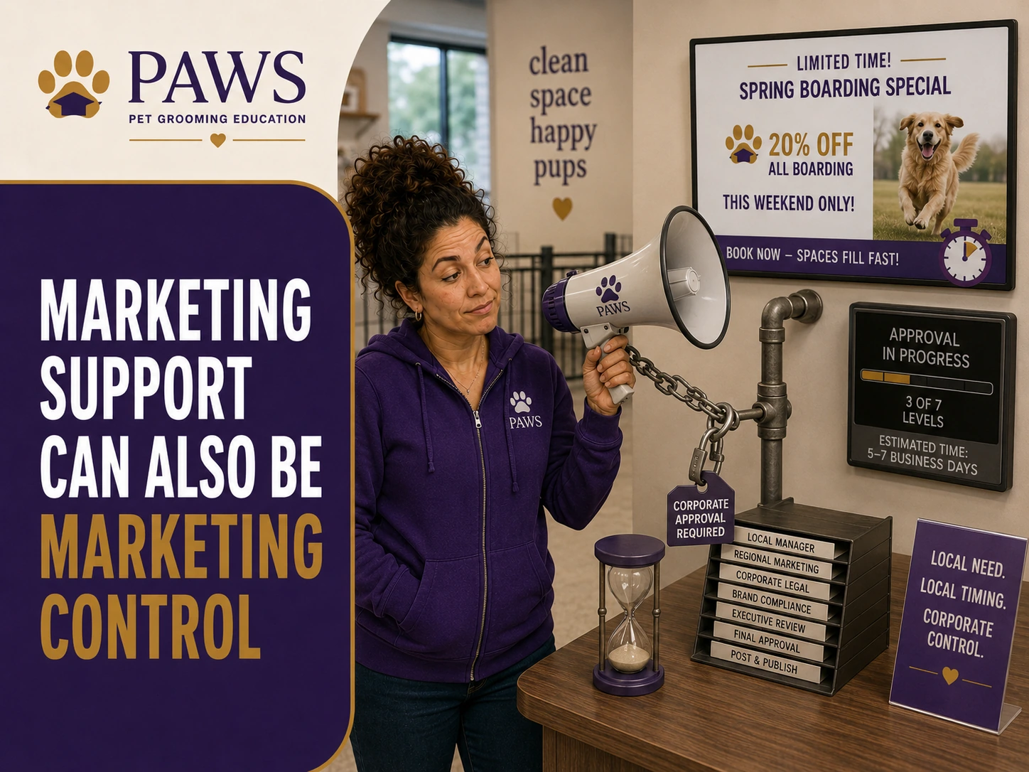 PAWS Lady holds a PAWS megaphone chained to a multi-step approval process while a time-sensitive boarding promotion waits for corporate approval.
