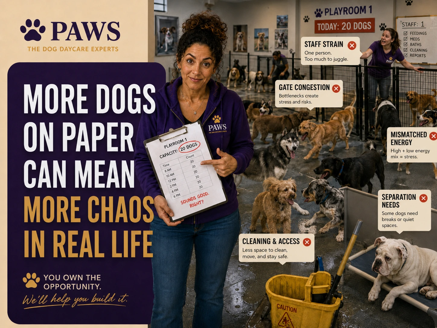 PAWS Lady holds a clipboard showing a 20-dog playroom capacity while a crowded daycare room behind her shows staff strain, gate congestion, mismatched energy levels, separation needs, and cleaning access problems.