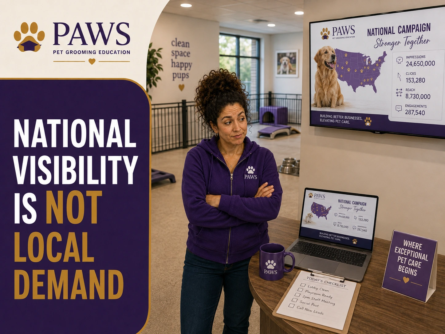 PAWS Lady stands with folded arms beneath screens showing a national campaign map and high visibility metrics, contrasting national exposure with local business needs.