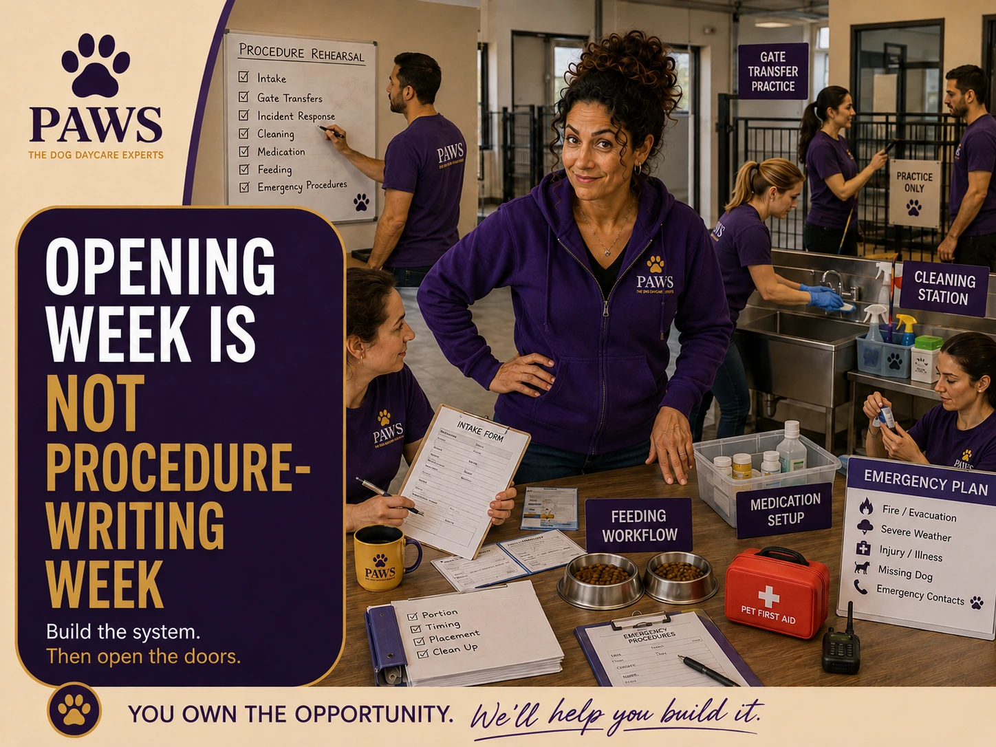 PAWS Lady stands with staff rehearsing intake, gate transfers, cleaning, medication setup, feeding workflow, and emergency planning inside an empty dog daycare before opening.