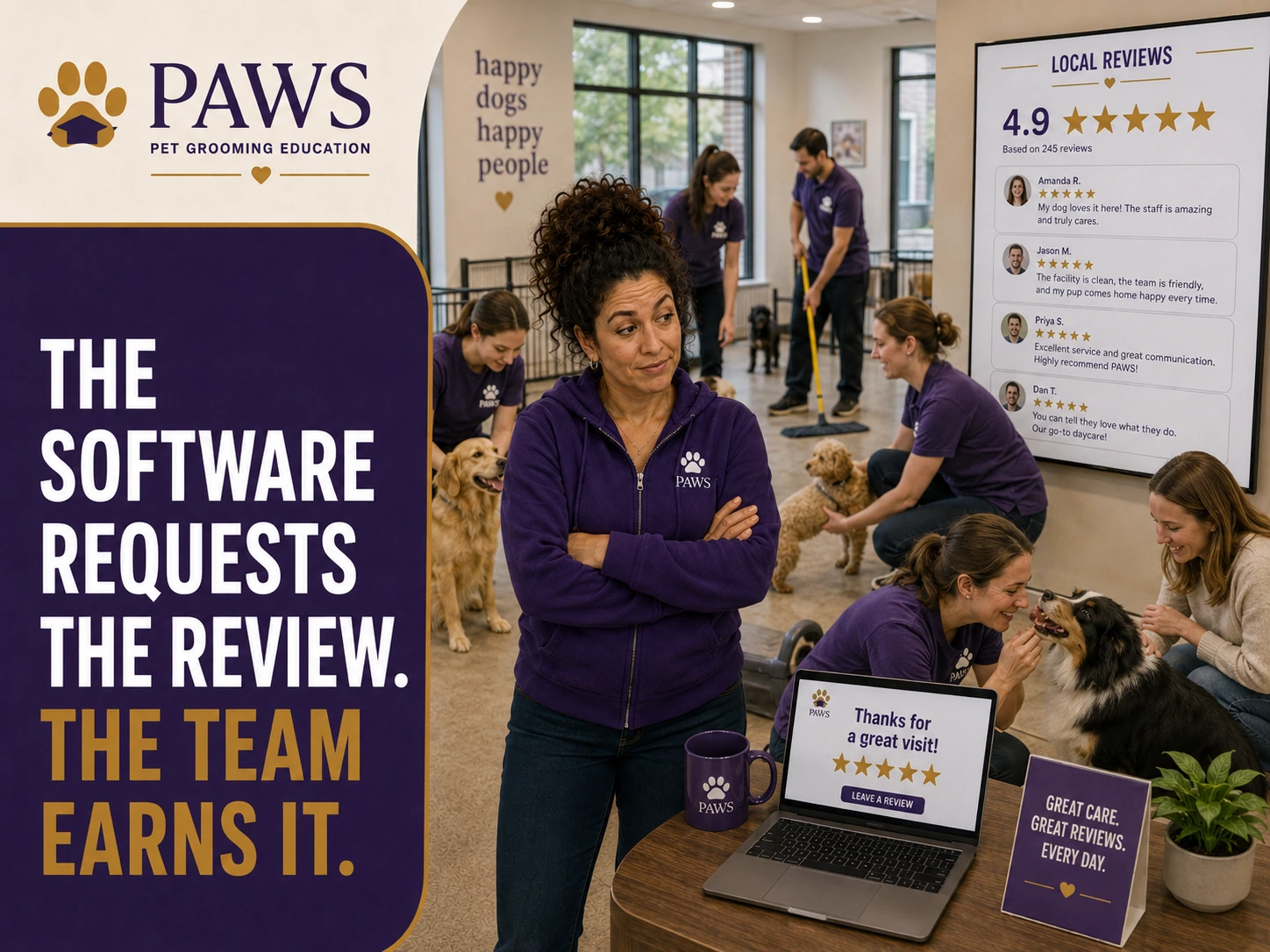 PAWS Lady stands in a busy daycare while staff care for dogs and a laptop requests a customer review, with a wall display showing strong local review ratings.