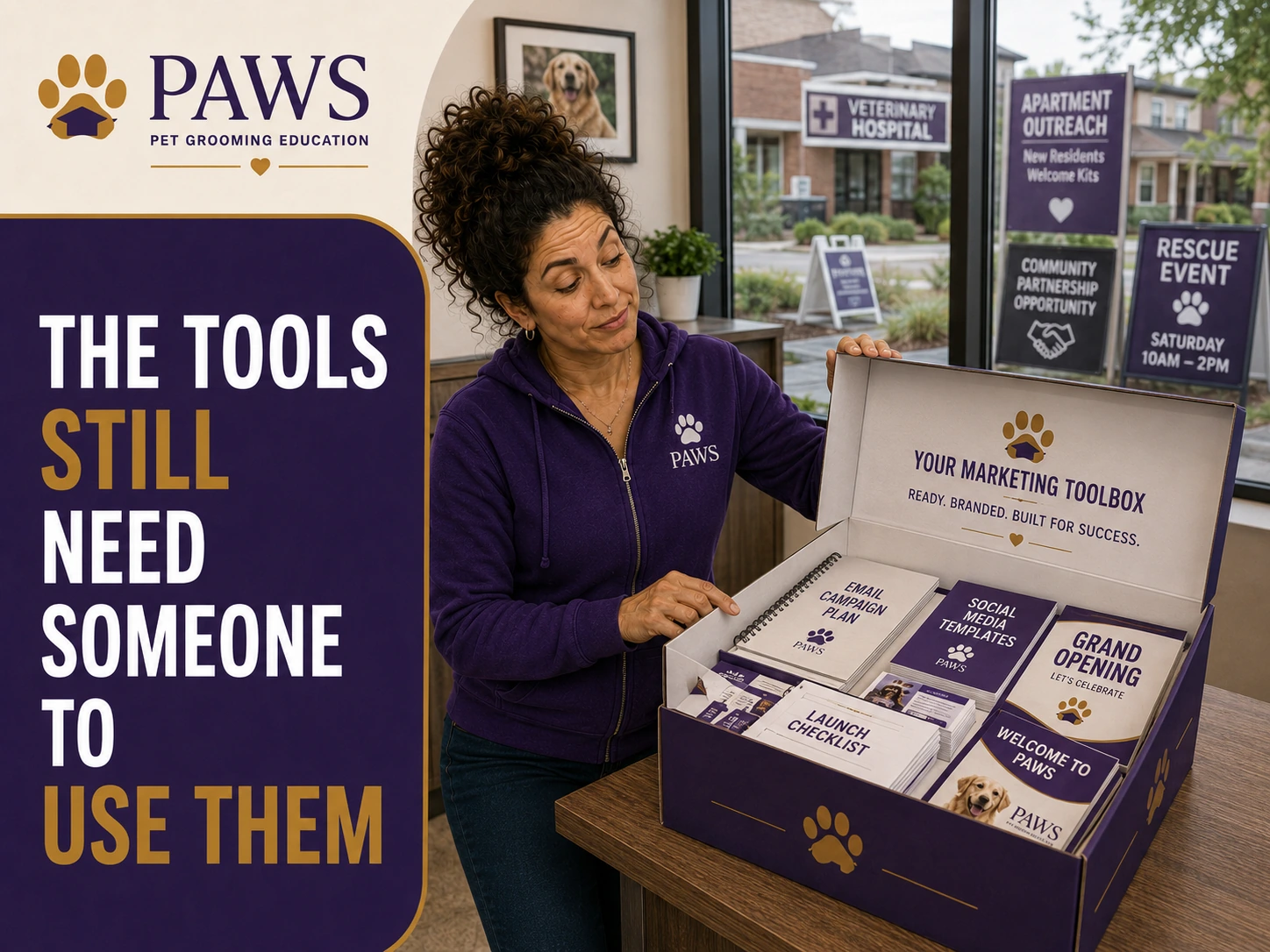 PAWS Lady opens a branded marketing toolbox filled with printed marketing materials, launch checklists, templates, and campaign tools while local partnership signs are visible outside.