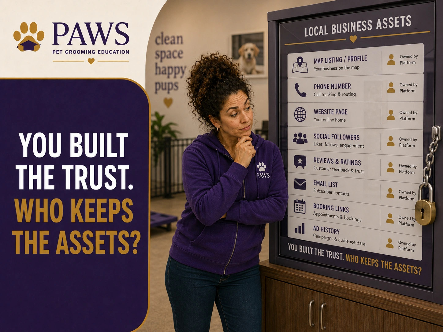 PAWS Lady looks at a locked display labeled local business assets, including the map listing, phone number, website page, social followers, reviews, email list, booking links, and ad history.