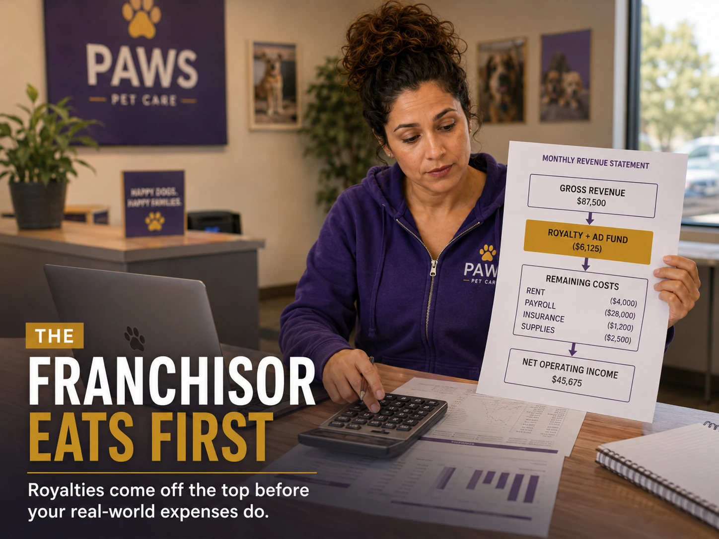 PAWS Lady reviews a monthly revenue statement and calculator at a desk, while overlay text explains that franchise royalty and ad-fund fees come off the top before ordinary operating expenses.