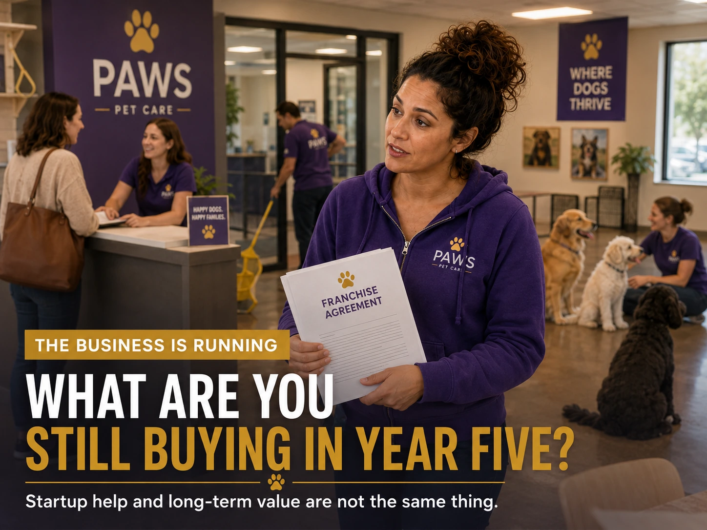 PAWS Lady stands in a busy dog daycare facility holding a franchise agreement while overlay text asks what the owner is still buying in year five after the business is already operating.