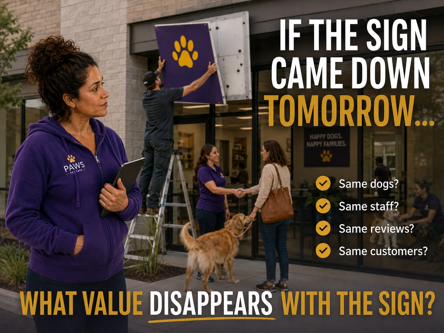 Outside a PAWS storefront, a worker removes the sign while PAWS Lady watches and overlay text asks what value disappears with the sign, listing dogs, staff, reviews, and customers.