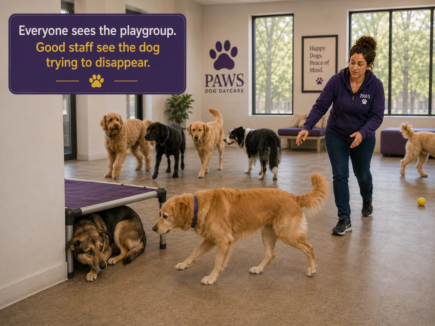 PAWS Lady notices a frightened dog hiding beneath a raised daycare bed while a golden dog approaches and the rest of the playgroup moves in the background.